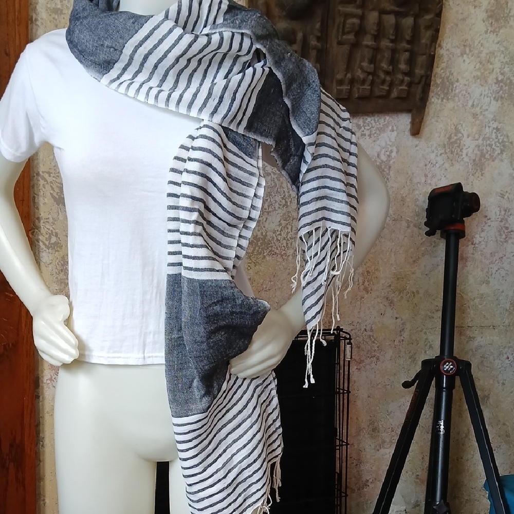 Scarf, Striped Black & White Fringe Scarf